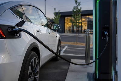 Electric Car Parked up being charged by charging unti